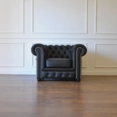 Fotel Pikowany Chesterfield Classic Skóra Kolor Czarny (Madras)