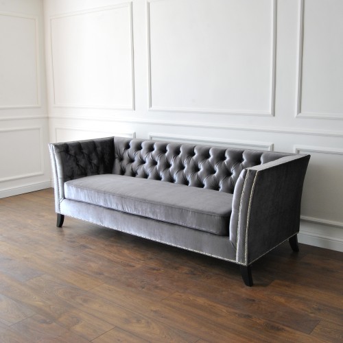 Sofa Chesterfield  Kanapa Pikowana Boho Błyszcząca Popielata