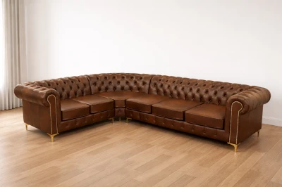 Pikowany narożnik Chesterfield skóra naturalna złote nogi