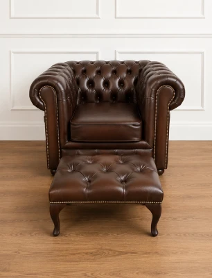 Zestaw Chesterfield Classic skóra naturalna FOTEL+ PUFA 