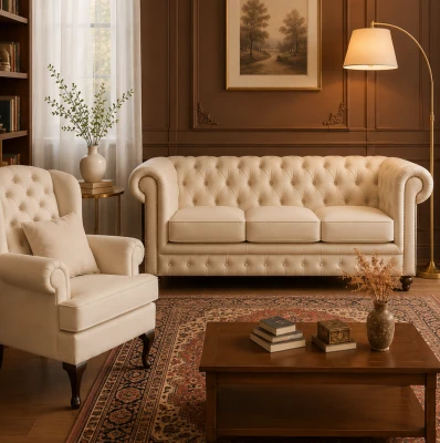 Zestaw Chesterfield Classic skóra naturalna SOFA 3-OS + FOTEL USZAK